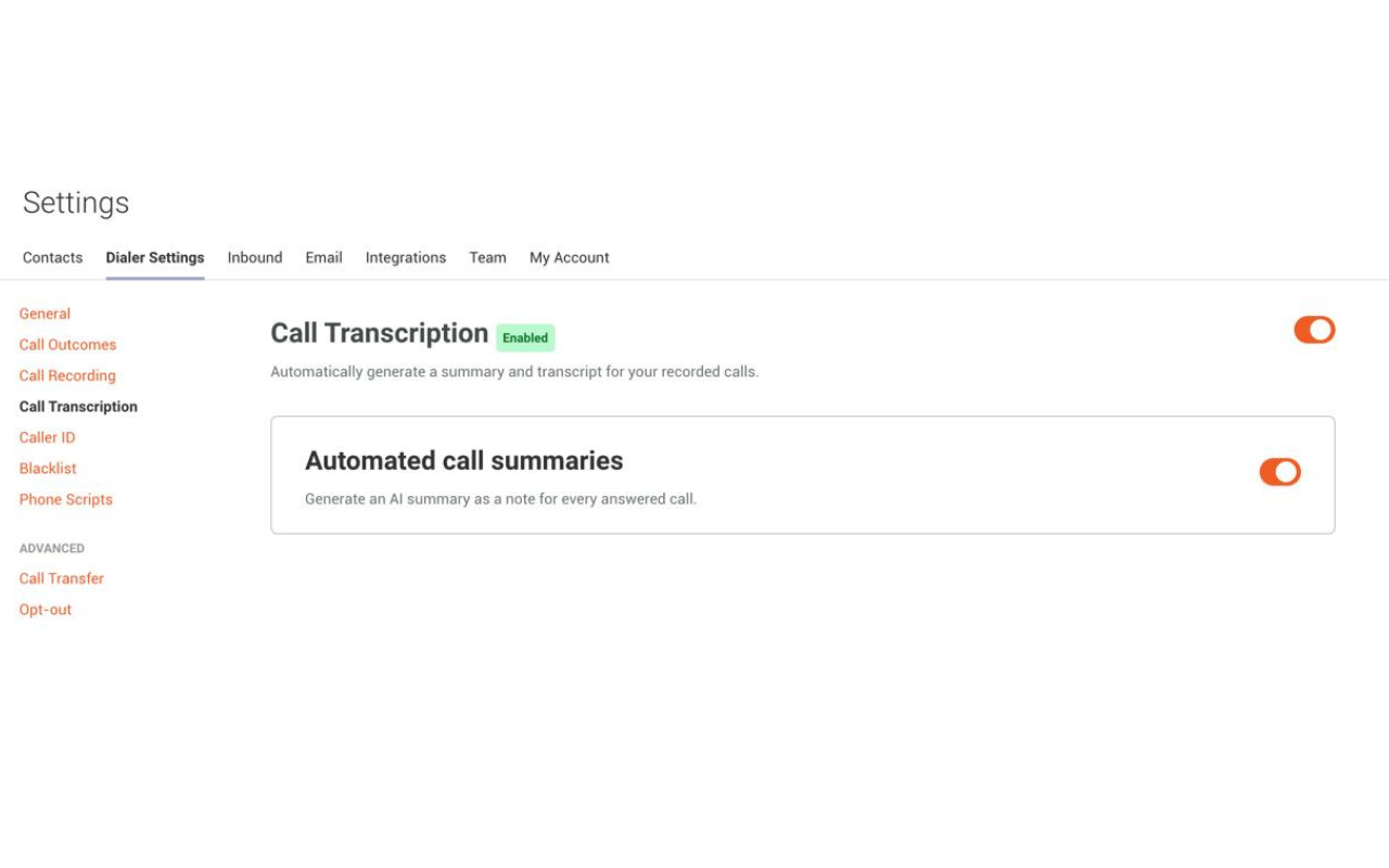 Screenshot of AI Call Transcription feture